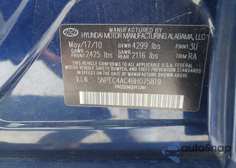 2011 Hyundai Sonata Limited from USA, damaged, VIN 5NPEC4AC4BH075819